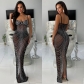 Fashionable women's solid color mesh hot diamond strap long dress C6613