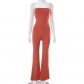 Solid casual sleeveless one line collar bra slim fitting flare jumpsuit D23JP072