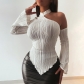 Solid casual off shoulder round neck long sleeved wooden ear edge slim fitting top Y23TP366