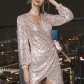 Women's sexy and gentle style dress with sequin V-neck irregular long sleeved short dress DMH22421
