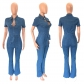 Sexy and fashionable short sleeved denim jumpsuit jumpsuit flared pants JLX3547