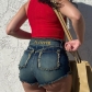 Women's back letter printed high waisted zipper with matted vintage basic fashion denim shorts KJ03934