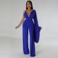 Open back sexy V-neck single sided long sleeved tight high waisted wide leg jumpsuit M7960