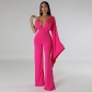 Open back sexy V-neck single sided long sleeved tight high waisted wide leg jumpsuit M7960