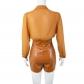 Chiffon PU Leather Deep V Jumpsuit Shorts BR21Y1112
