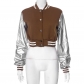 Long sleeved PU leather slim fitting baseball jacket with button exposed navel K23TP377