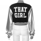 Long sleeved PU leather slim fitting baseball jacket with button exposed navel K23TP377