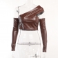 Pleated faux leather open navel top YL23449PF
