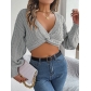 Sexy casual knotted V-neck lantern sleeves with exposed navel sweater BJS2129