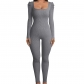 Square neck bubble sleeved long sleeved sexy slim fitting jumpsuit H0345