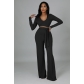 Solid dark V micro flare pants two-piece set X9463