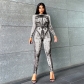 Women's long sleeved digital printed slim fitting high waisted sports jumpsuit K23Q34001