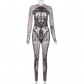 Women's long sleeved digital printed slim fitting high waisted sports jumpsuit K23Q34001
