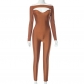 Fashionable hollow out one line neck long sleeved tight jumpsuit pants K23JP381