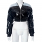 Imitation denim patchwork PU leather long sleeved short cotton coat thick top K23TP369