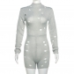 Hollow and perforated knitted high waisted tight wrap buttocks long sleeved jumpsuit W23Q37899
