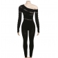 Hollow knit jacquard high waisted tight long sleeved jumpsuit W23Q38029