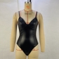 Sexy suspender waistband for slimming PU patchwork women's jumpsuit vest PB1503