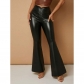 Low waisted lace up PU elastic slim fit wide leg flared pants YM8923