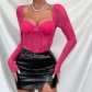 Lace mesh fishbone slim fit square neck long sleeved top K0105