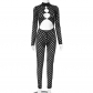 Perforated and hollowed out tight fitting round loop jumpsuit with exposed navel D23JP258