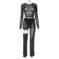 Mesh hollow perspective long sleeved top and pants casual set K23ST486