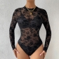 Lace mesh flocking print with perspective, sexy and slim fitting temperament, long sleeved jumpsuit F10804