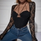 Women's lace perspective sexy slim fit with exposed navel hanging neck spicy girl long sleeved top K0528