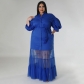 Half mesh short sleeved autumn cardigan flip collar low cut oversized dress N7937