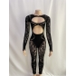 Round necked lace hollowed out slim fitting sexy long sleeved integrated knitted jumpsuit NN0089