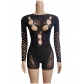 Mesh perspective hollow round neck long sleeved tight fitting jumpsuit shorts T019