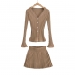 V-neck single breasted flared sleeve knitted cardigan+high waisted knitted pleated skirt half skirt set H06-23249