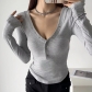 Four button V-neck elastic tight fitting solid color T-shirt H100-7316
