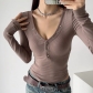 Four button V-neck elastic tight fitting solid color T-shirt H100-7316