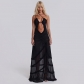 Hanging strap hollowed out pleated lace slit dress D23DS350