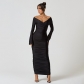 Cross V-neck long sleeved pleated waist cinched dress R23DS208
