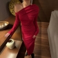 Women's bright silk diagonal collar long sleeved dress FDL0568