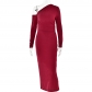 Women's bright silk diagonal collar long sleeved dress FDL0568