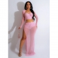 Women's solid color mesh hot diamond long sleeved skirt two-piece set C6861