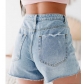 Washed denim shorts with holes and rough edges Y663621750412