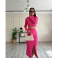 Solid color pit stripe round neck long sleeved women's two-piece set SSN211414