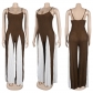 Hollow out wide leg knitted suspender patchwork contrasting jumpsuit A7502