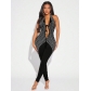 Hanging neck elastic backless tie deep V-neck tight jumpsuit K3262