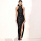 Hanging neck big bow sequin slit dress R9201